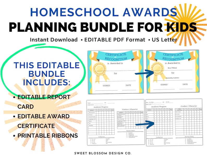 Homeschool Awards Bundle, Editable Report Card, Editable Certificate ...