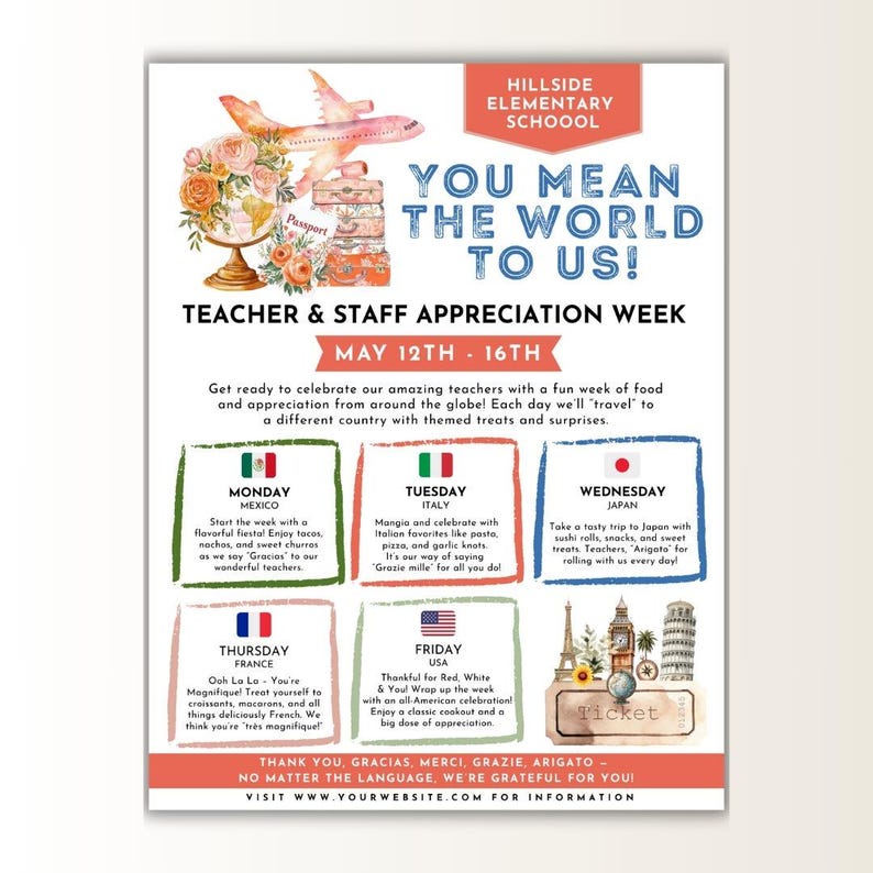 Around the World Teacher Appreciation Template, Airplane Themed Teacher ...