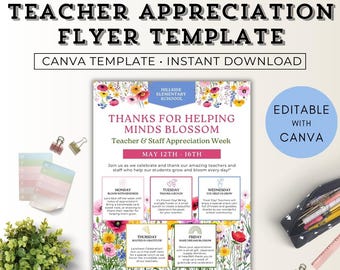 Teacher Appreciation Thanks For Helping Us Bloom, Sunshine Theme Teacher Appreciation Flyer, Teacher Appreciation Week Schedule Flower Theme