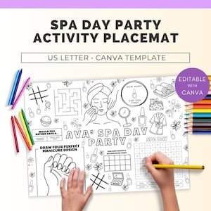 Napperon d&#39;activité fête de spa, napperon d&#39;activité printanière, jeu de fête pour enfants, feuille d&#39;activités de fête de spa, jeu de fête d&#39;anniversaire de filles, fête de cocooning
