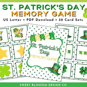 Op de afbeelding: Een printbaar St. Patrick's Day memory-spel met 30 kaartspellen. Het spel bevat klavers, sterren, kabouters en hoeden. Het spel is ontworpen voor US Letter papierformaat.