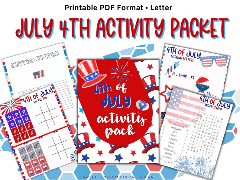 July 4th Activity Pack For Kids, 4th of July Activities, Word Search, Printable Tic Tac Toe, Printables For Kids, Learning Activities image 1