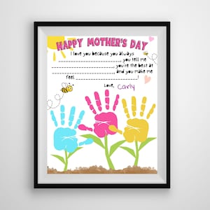 Buquê de impressão manual infantil para a mãe, artesanato de impressão manual do dia das mães, artesanato de impressão manual do jardim do dia das mães, arte de impressão manual da mamãe