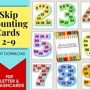 Printable Skip Counting Cards, Homeschool Math Activity, Math Flash Cards, Skip Counting Practice, Elementary Math Activity, Montessori