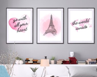 Fashion Wall Art, Set of 3 Prints makes a great gift for Women, Teens or Girls, Pink Paris Travel Wall Décor perfect for any room