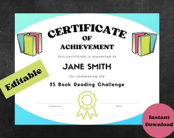 Reading Certificate Book Challenge for Kids Edit in Canva