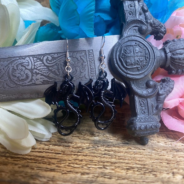 Medieval Dragon Dangle Earrings - gothic earrings - dragons - medieval cosplay earrings - dragon cosplay jewelry - black dragon earrings