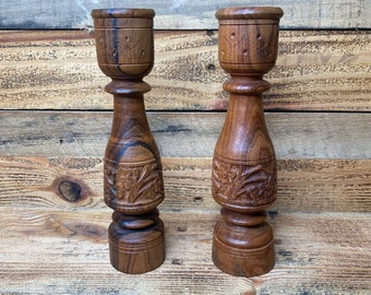 Vintage pair sheesham wood hand carved candle holders made in India - bohemian candlesticks - wooden candle holder - carved candle holders
