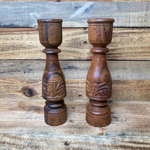 Vintage pair sheesham wood hand carved candle holders made in India - bohemian candlesticks - wooden candle holder - carved candle holders