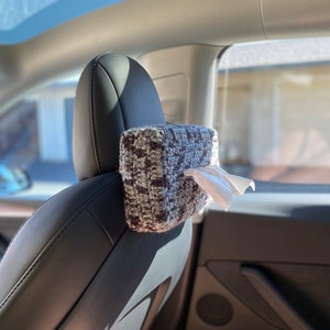 Tesla-Yarn Tissue Box Holder for Model 3/Y, BackSeat Headrest Tissue Box Holder w/Hidden Strap, Multi-use Tissue Box Holder Auto Accessories