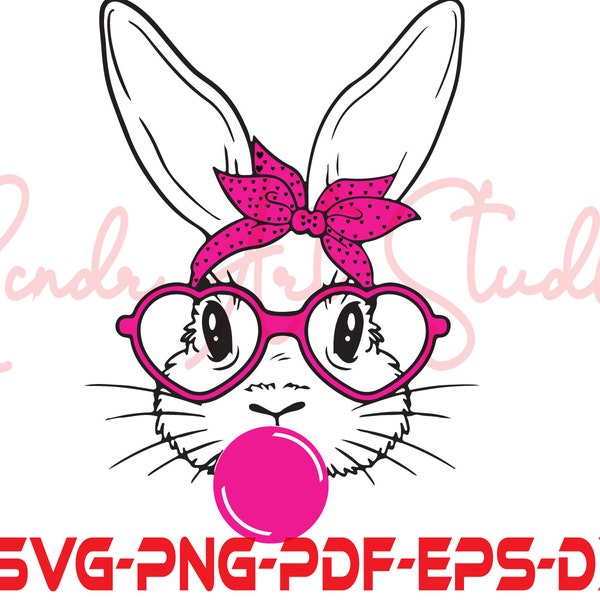 Cute Bunny Rabbit With Bandana Glasses Bubblegum, Easter Svg, Easter Day Svg, Bunny with Heart Glasses svg, Rabbit Bandana Glasses Bubblegum