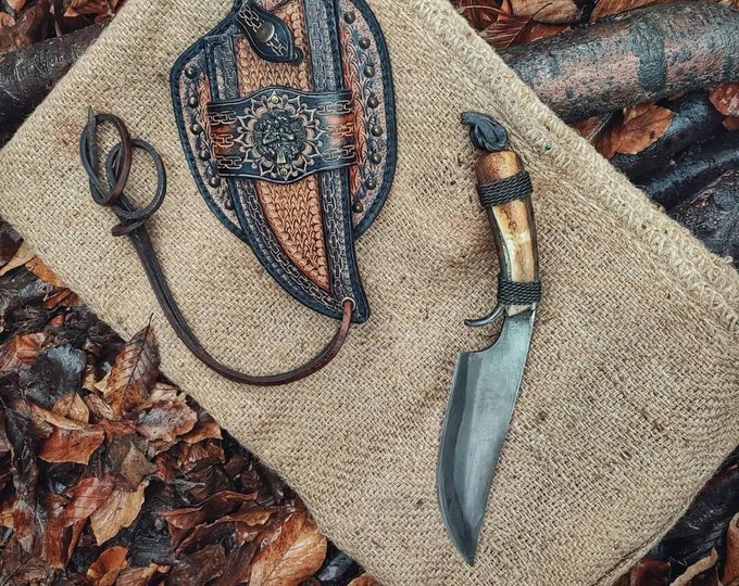 Custom  handmade hand forged blacksmith primitive knife with leather sheath