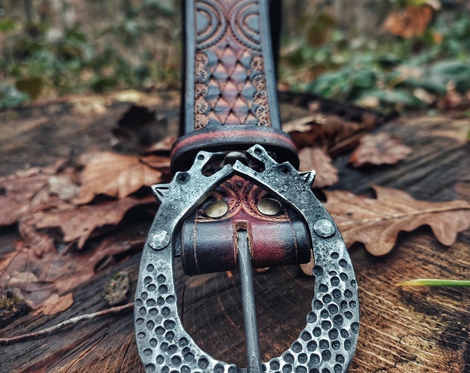 Unique Handmade Leather Belt: Twin Dragon Elegance with Blacksmith-Forged Buckle