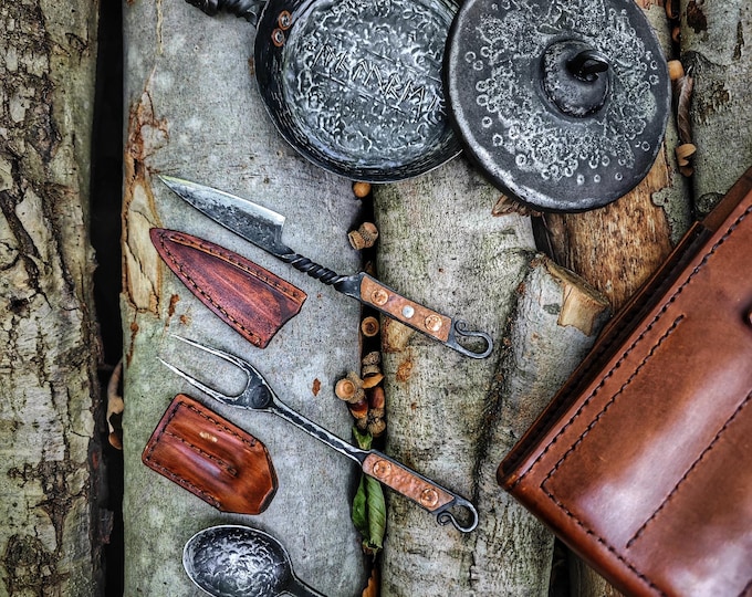 Bushcraft  primitive  hand forge Viking camp set with genuie leather bag