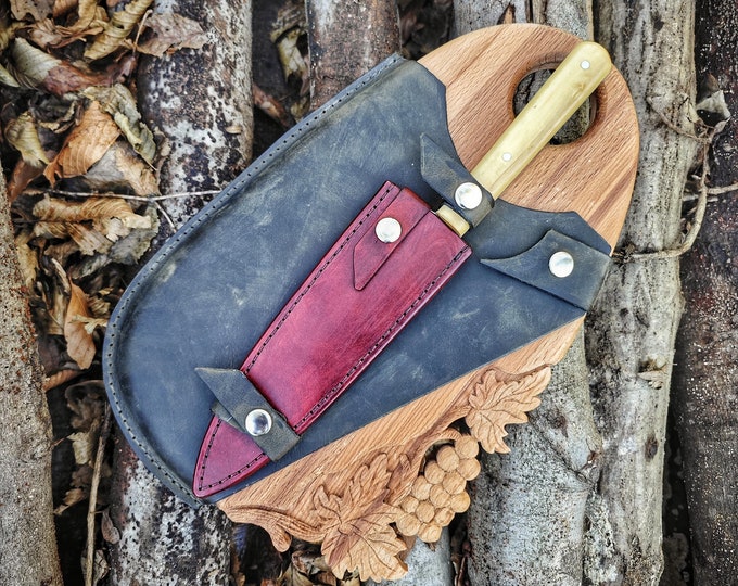 Elevate Your Dining Experience with Handcrafted Üzüm-Adorned Cutting Board and Stainless Steel Chef Knife in a Genuine Leather Bag