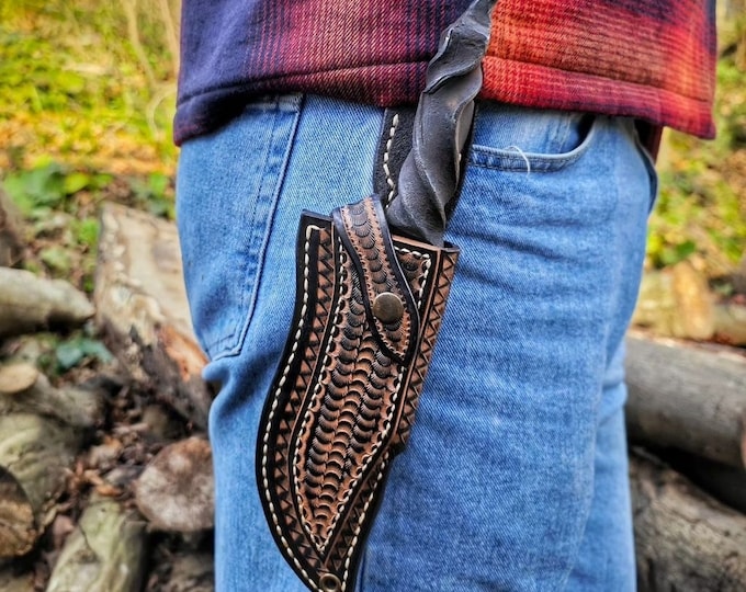 Blacksmith  hand forged primitive style  custom carbon steel knife with leather sheath