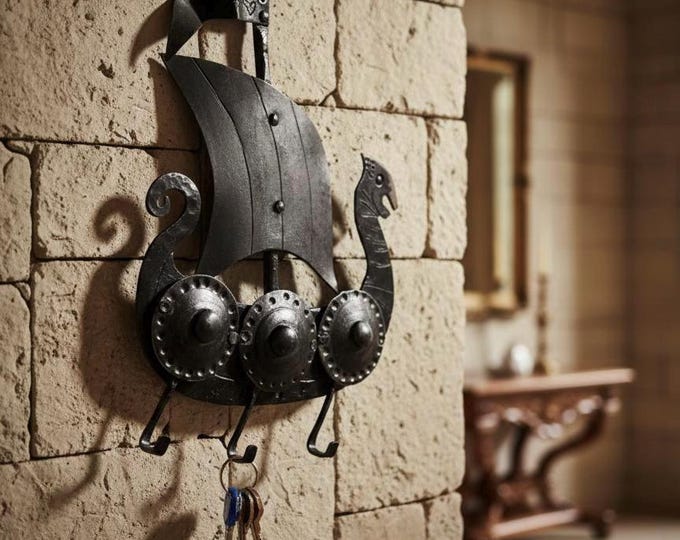 Blacksmith hand forged viking ship key holder. Key rack with 3 hacks