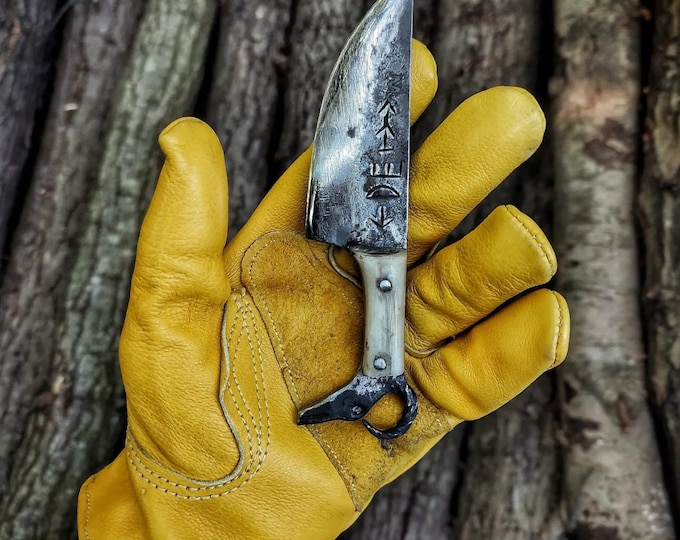 Primitive Forged Neck Knife with Mountain Goat Handle & Hand-Stitched Leather Sheath | Blacksmith-Made Wearable Knife