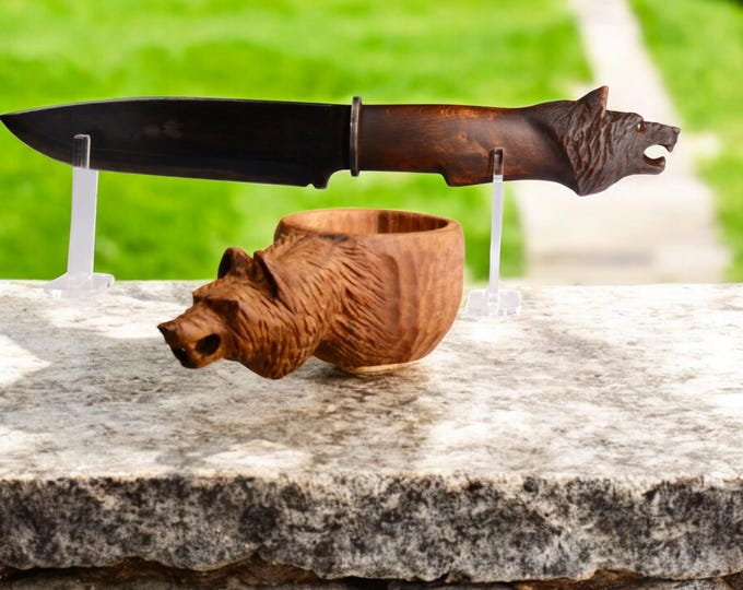 Hand-Carved Wolf Kuksa and Hunting Knife Set