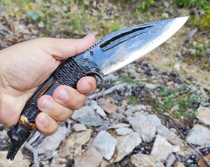 Handmade blacksmith uniquie style  custom carbon steel hunter bushcraft  knife with leather sheath