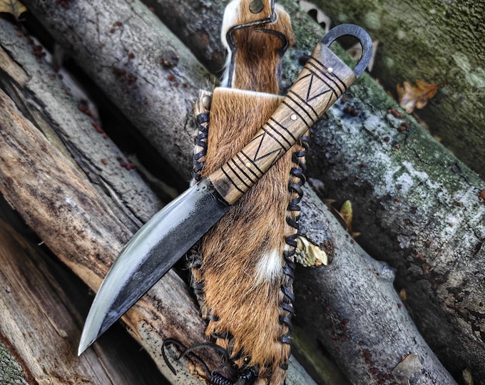 Viking style primitive blacksmith carbon steel handmade custom knife with natural genuie leather sheath.