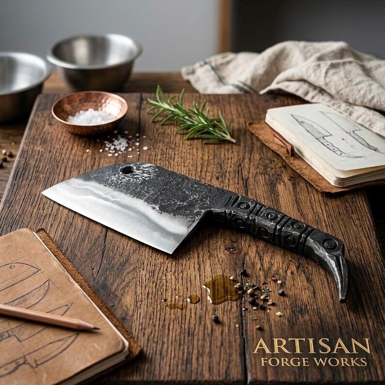 Hand Forged Carbon Steel Cleaver Knife, Viking Style Totem Handle Chef ...