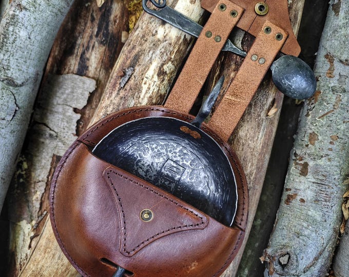The Spirit of the Middle Ages: Viking-Inspired Pan and Iron Spoon Set with Handcrafted Leather Bag Bushcraft Camping Primitive life