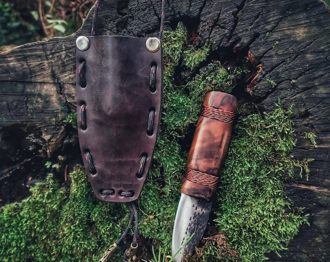 hand forge carboon steel blacksmith tactical primitive  neck knife with leather  sheath