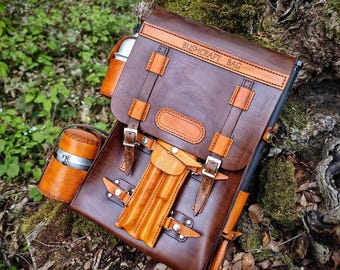 Handmade Leather Bushcraft Bag Full Set: Axe, Pan, Water Carrier