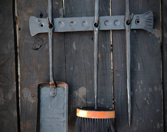 Blacksmith hand forged fireplace tools set shovel poker brush