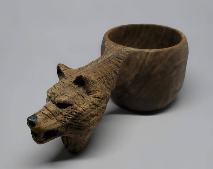 Hand carved eco friendly wooden  wolf carved kuksa , mug , birch tumbler, natural , Scandi nordic cup, portable camping cup, Kitchen Decor