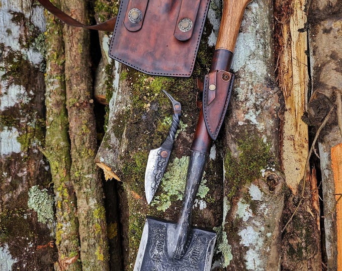 Hand-Forged Bushcraft Kit – Raven Knife  Carbon Steel Survival Shovel with Leather Carry Set – Perfect for Camping & Emergency Gear