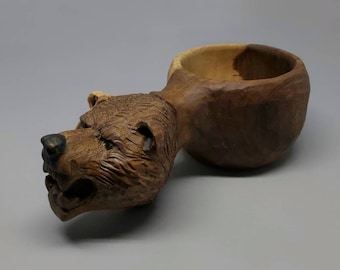 bear mug kuksa Hand carved eco friendly wooden  bearcarved kuksa , mug , birch tumbler, natural , Scandi nordic cup, portable camping cup