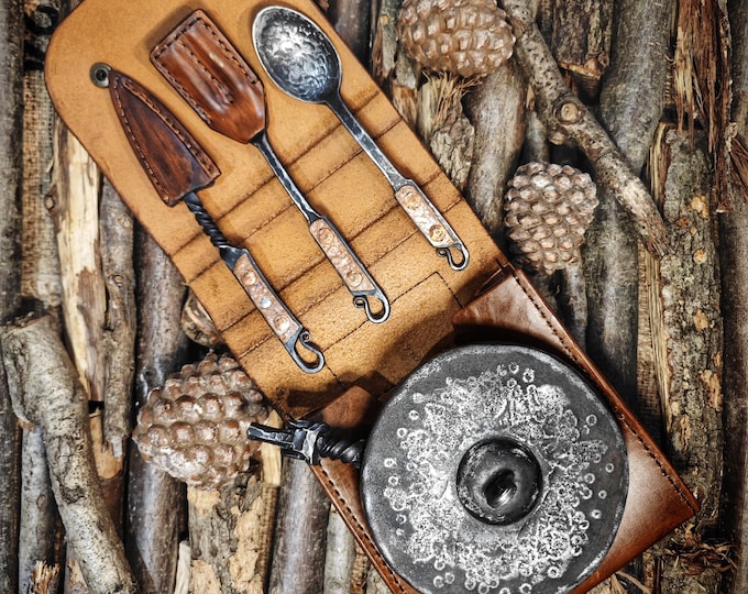Handmade Forged Camping Cutlery Set: Bushcraft Cooking Gear with Leather Roll