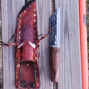 Handmade blacksmith uniquie style  custom carbon steel hunter bushcraft  knife with leather sheath