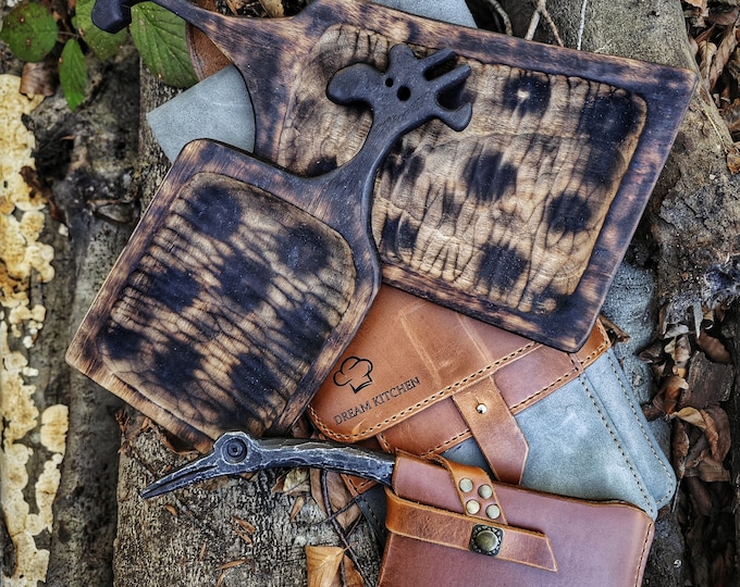 Handmade forest food maker set with carbon steel knife and wooden cuting board