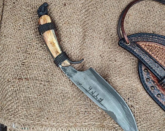 Custom  handmade hand forged blacksmith primitive knife with leather sheath