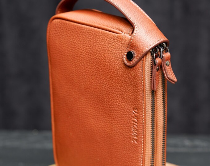 Handmade Full-Grain Leather Men's Clutch – Double Zipper, Wrist Strap