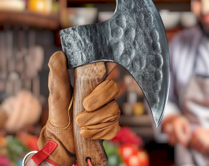 Handmade Blacksmith Kitchen Axe: Rustic Leather Sheath