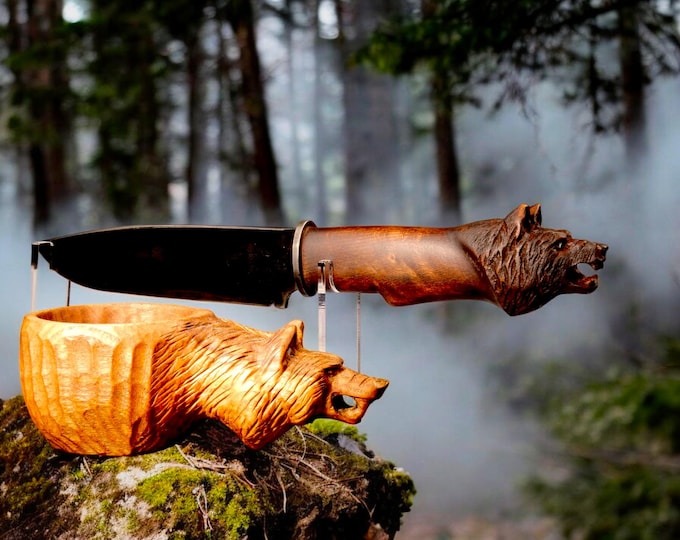 Hand Carved Wolf Kuksa and blacksmith  Knife Combo wolf man set