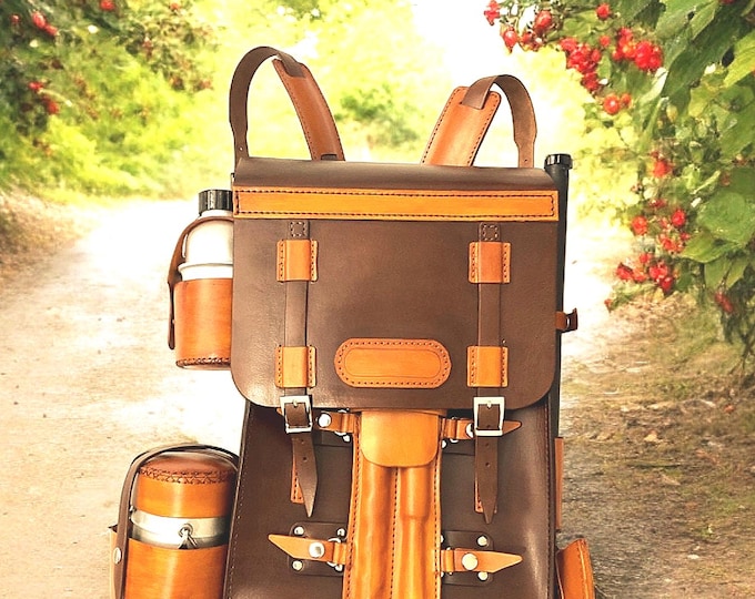 Handmade Leather Bushcraft Bag Full Set: Axe, Pan, Water Carrier