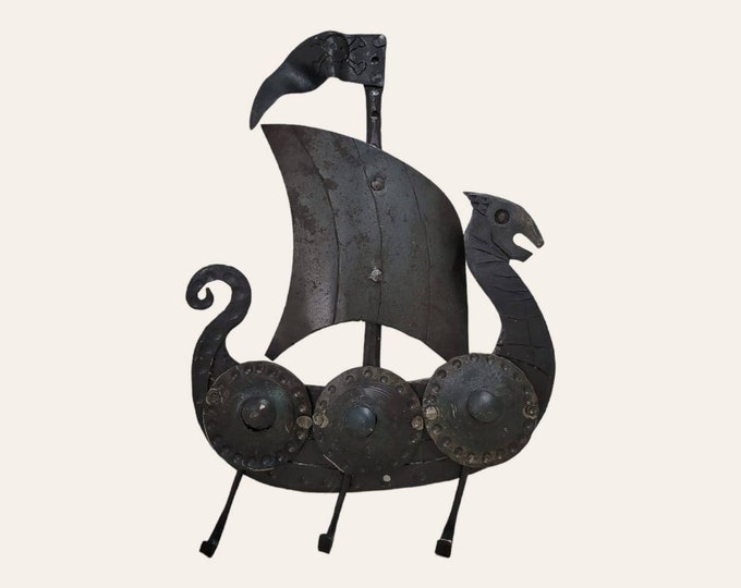 Blacksmith hand forged viking ship key holder. Key rack with 3 hacks