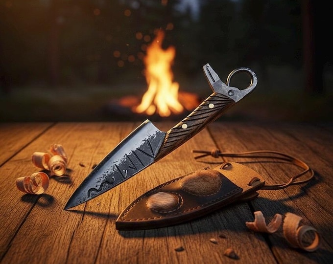 blacksmith neck knife with leather sheath