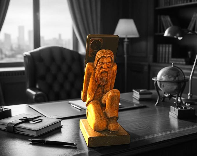 Handcrafted Wooden Phone Stand: 'Burden of Technology' Desk Sculpture