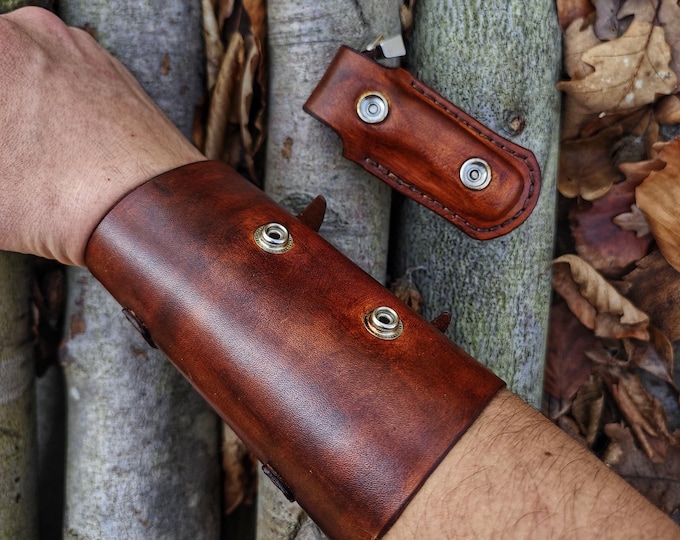 Handmade Genuine Leather Bracelet and Folding Knife Set – Snap-On Design, Hand Stitched, Perfect for Outdoor and Everyday Use