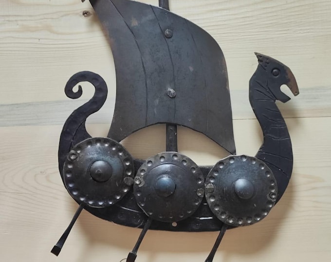 Blacksmith hand forged viking ship key holder. Key rack with 3 hacks