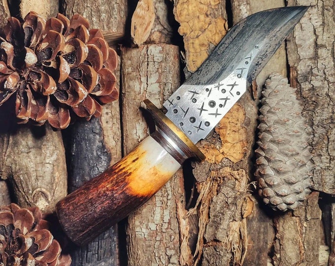 Handmade Carbon Steel Knife with Deer Antler Handle and Engraved Blade Knife