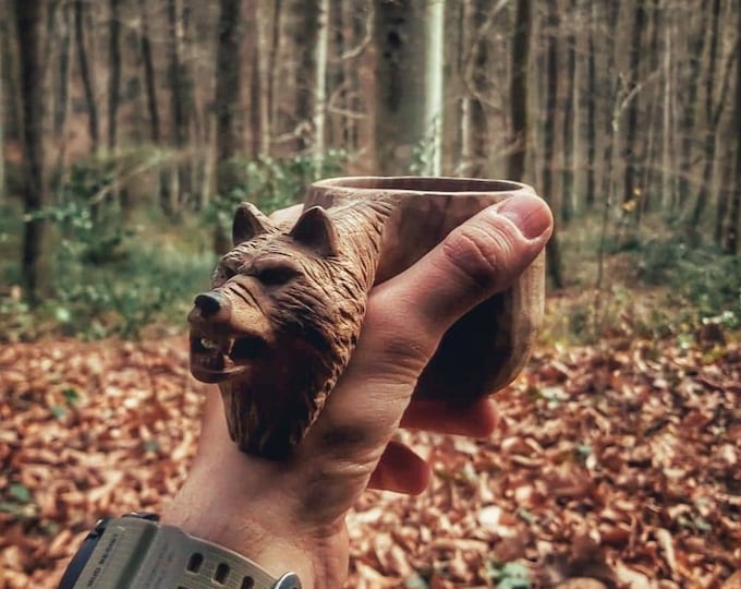 Hand carved eco friendly wooden  wolf carved kuksa , mug , birch tumbler, natural , Scandi nordic cup, portable camping cup, Kitchen Decor