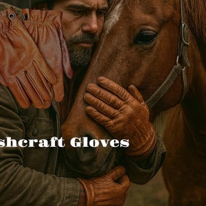 May include: A person wearing brown leather gloves is holding a brown horse's head. The gloves have a textured surface and the text "Bushcraft Gloves" is visible in the image.