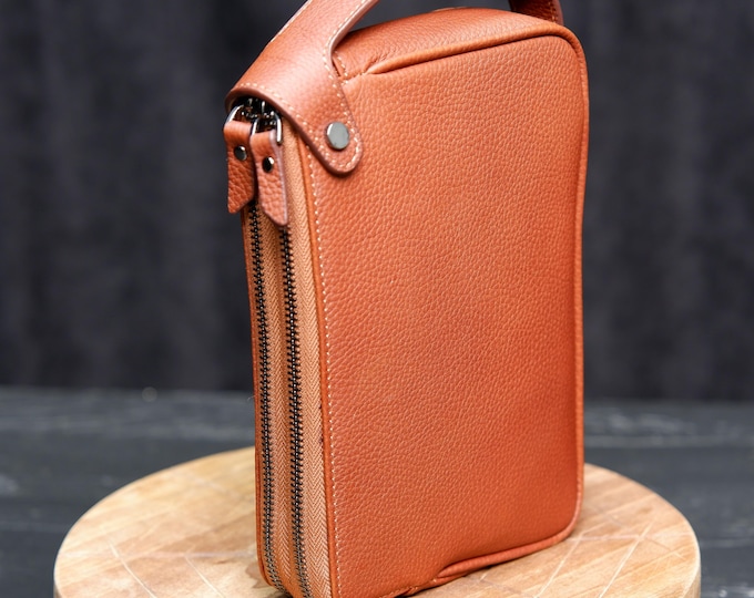 Handmade Full-Grain Leather Men's Clutch – Double Zipper, Wrist Strap